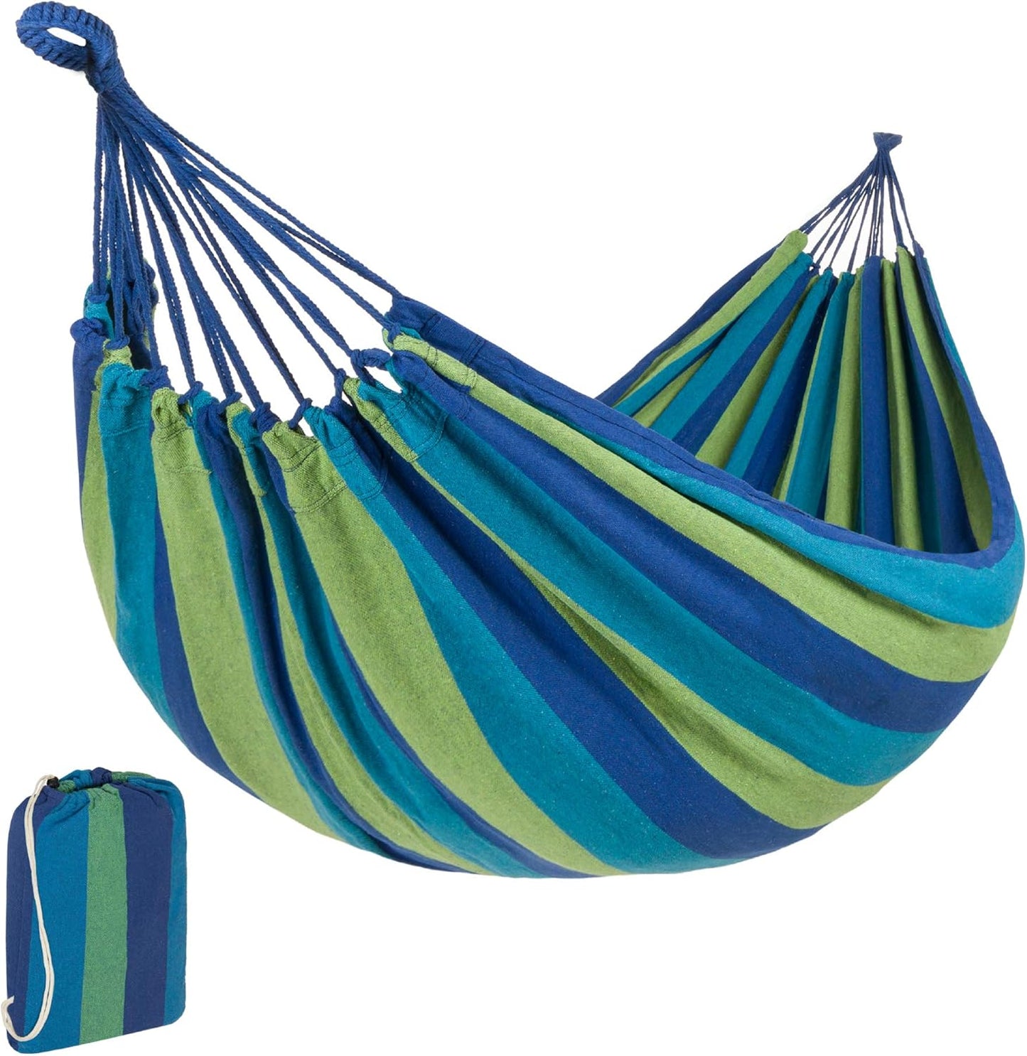 2-Person Brazilian Double Hammock Bed W/ Carrying Bag for Backyard, Patio, Indoor Outdoor Use, Cross-Woven Cotton Fabric for Comfort - Blue